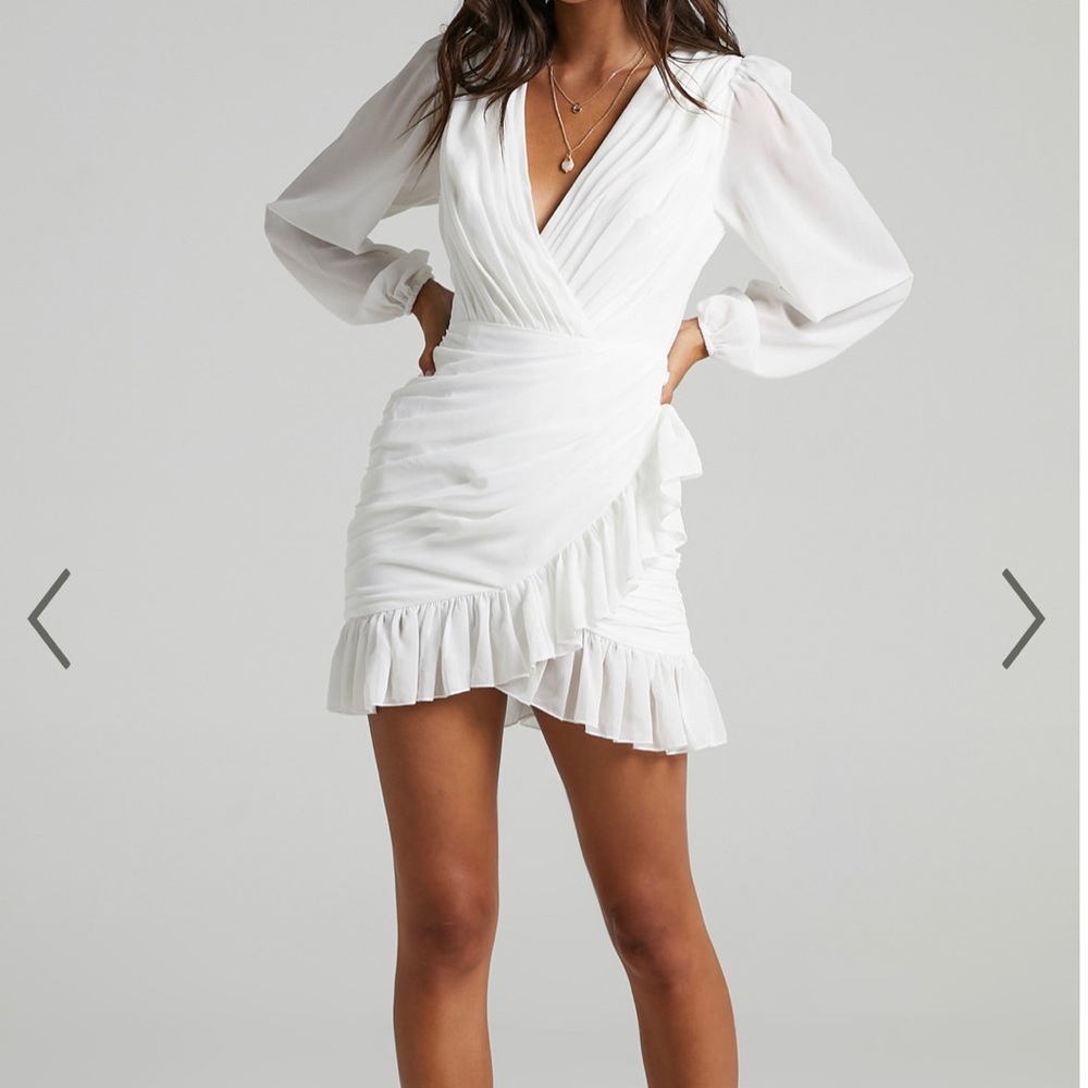 SHOWPO: CAN I BE YOUR HONEY PLUNGE BALLOON SLEEVE MINI DRESS IN WHITE